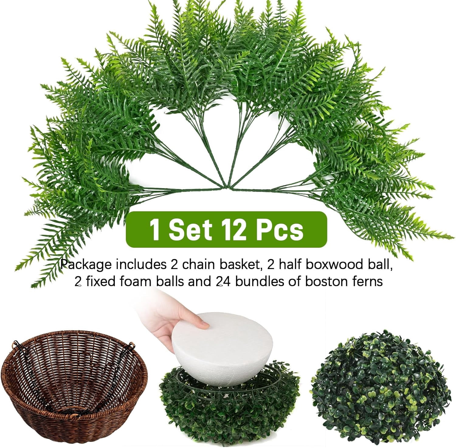 Yastouay Artificial Hanging Ferns Fake Boston Ferns with Basket Outdoor Faux Plants for Home Garden Porch Decor,2 Pcs