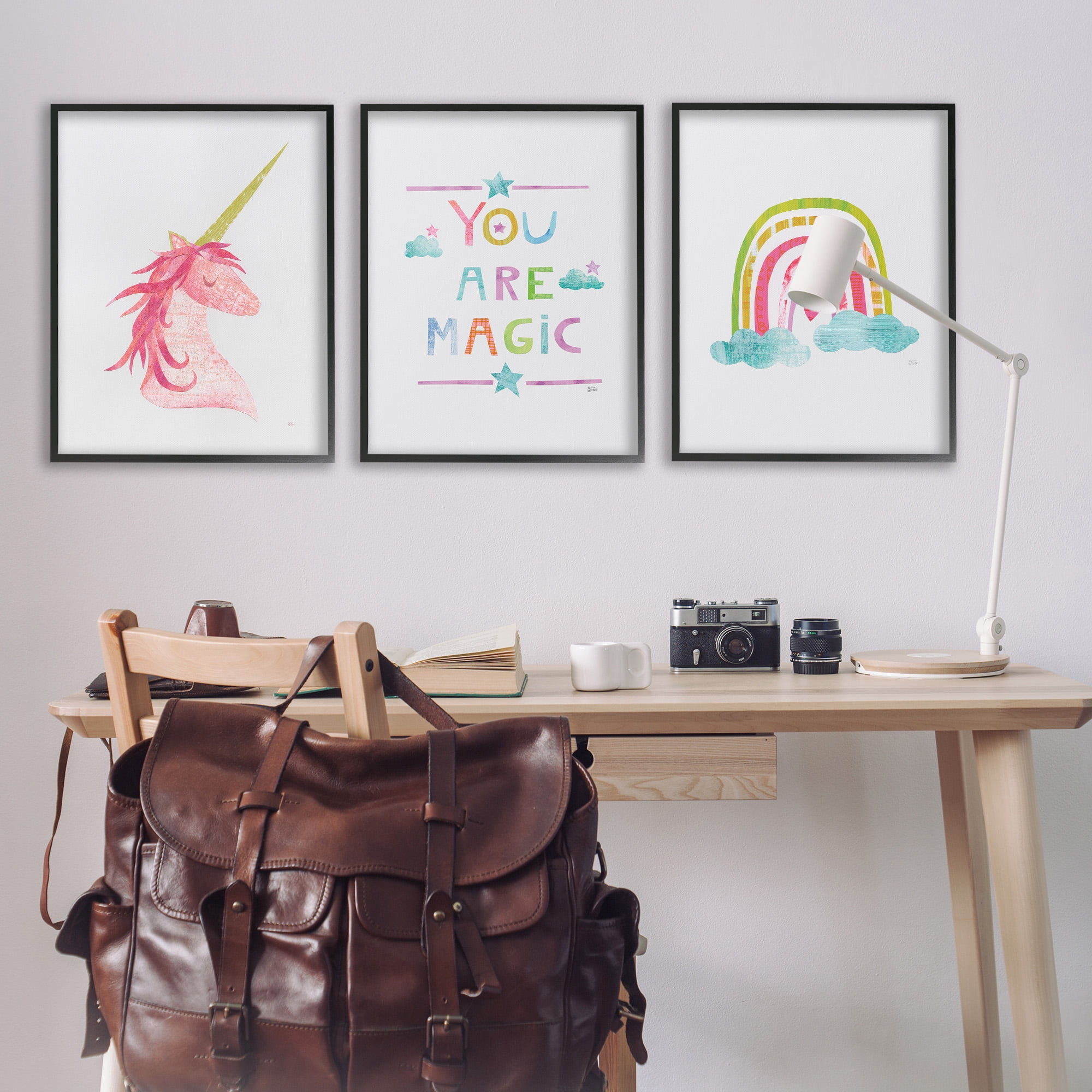 Stupell Industries You Are Magic Rainbow & Unicorn Art for Kids Painting Black Framed Art Print Wall Art, 24 x 30, Set of 3