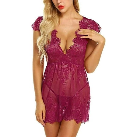 

DanceeMangoos Women Chemise Lingerie Sexy Lace Babydoll V Neck Nightgown Sleepwear + G-String