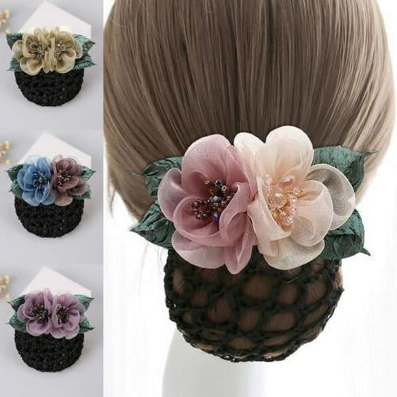 Shenmeida 2 pcs Women Hair Bun Cover Snood Net Satin Decorative Hair Clip Flower Hair Accessories for Restaurant Stewardess Bank Hotel Staff