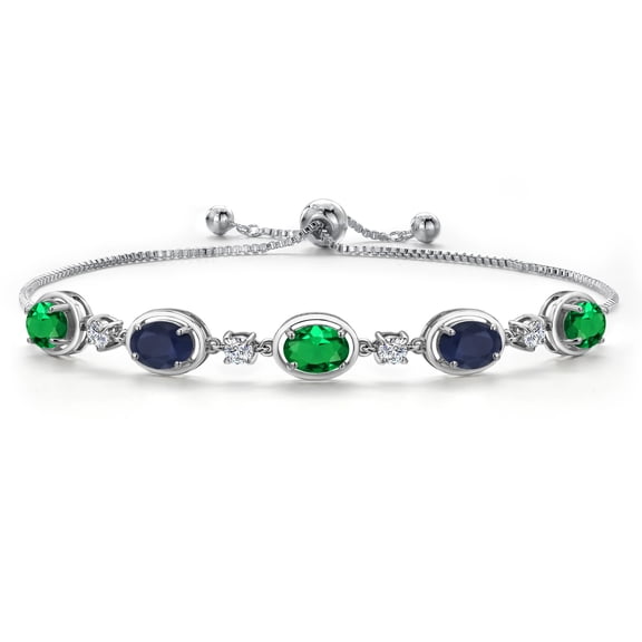 Gem Stone King 925 Sterling Silver Green Nano Emerald and Blue Sapphire Bracelet for Women | 3.80 Cttw | Gemstone May Birthstone | Oval 7X5MM | Fully Adjustable 9 inch