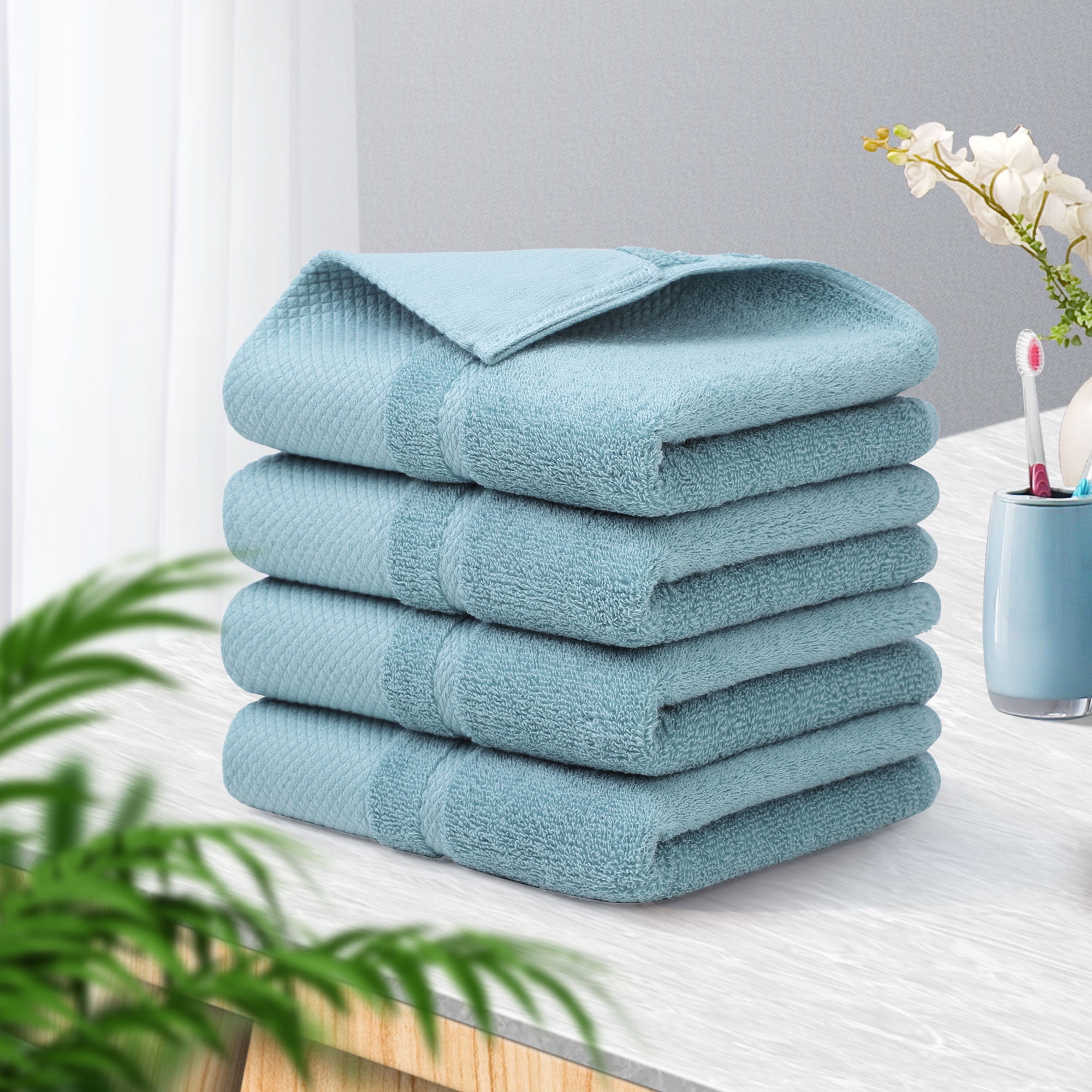 REGALWOVEN Hand Towel Set 14" x 30", Soft 100% Combed Cotton 600 GSM Luxury Towels for Bathroom Kitchen Saxe Blue 4
