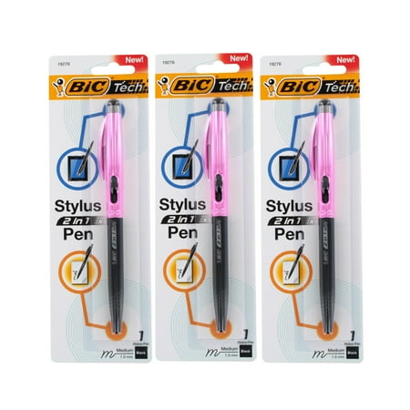 - BIC Tech 2 in 1 Retractable Ball Pen and Stylus, Medium Point, 1.0mm, Black Ink, Pink Barrel , Pack
