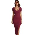 thumbnail image 1 of Vestido largo ajustado con cuello en V profundo y abertura lateral para mujer, vestidos largos de fiesta de noche de manga corta divididos, L, 1 of 6