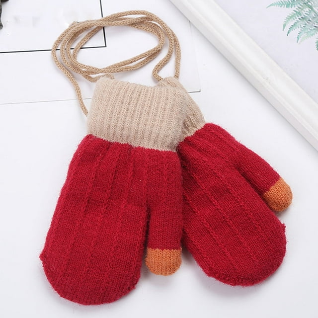 Gants Rouges Mitaines Tout-Petits Gants à Doigts Complets Enfants Hiver Double Couche Épais Chauds à Doigts Complets Couture Mitaines Tricotées Hiver Chaudes Duveteuses Mitaine Tricotée avec Cordon de Cou