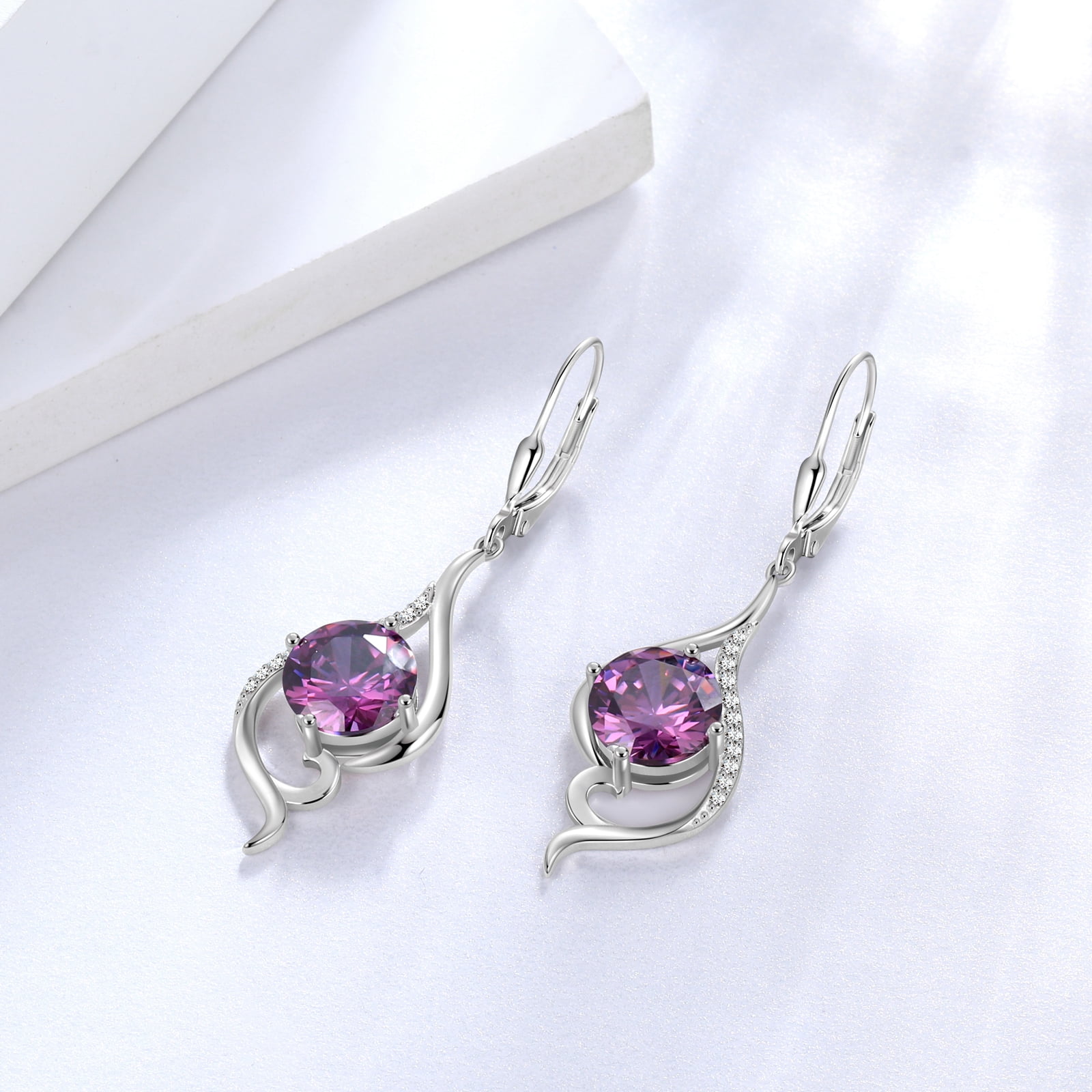 Juwaliy Women Drop Earrings February Birthstone Amethyst Purple Hanging Leverback Earring Sterling Silver Jewelry Christmas Birthday Valentine's Day Gift for Her/Wife/Mom