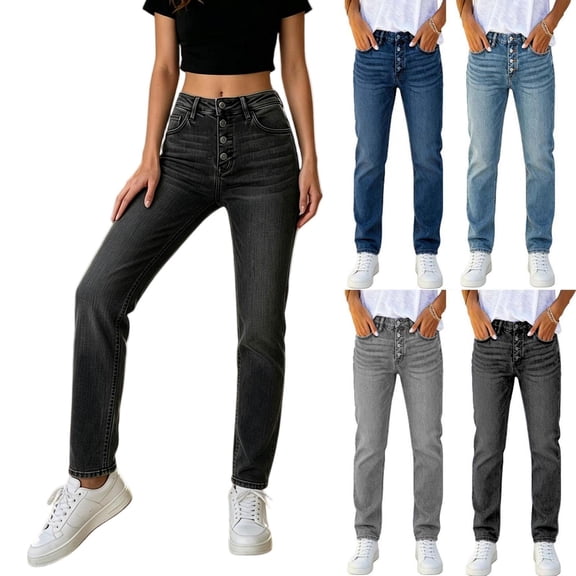 Tqcoqu Women's High Waist Button Fly Straight Leg Jeans,4 Buttons Belt Loops with Multiple Pockets Washed Denim Thick Casual Long Pants,Black Women's S-XXL