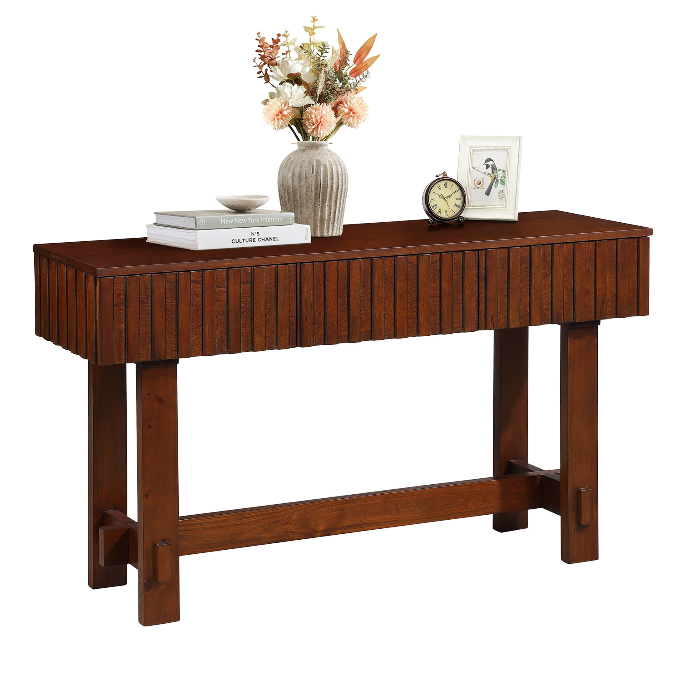 Noble House Ernestine Console Table, Pine Wood Frame with Drawers and Shelf, Half Moon Entryway Table, Cherry