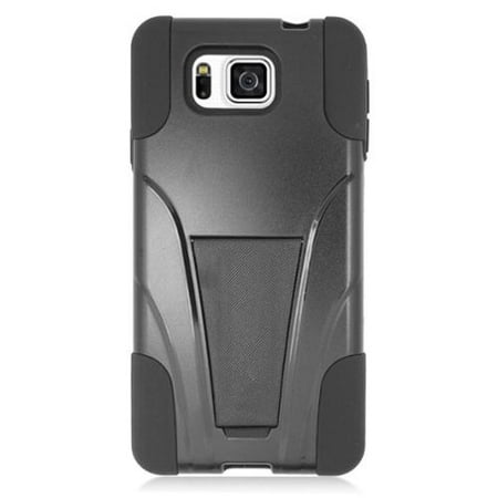 Plastic Dual Stand - Insten Hard Dual Layer Plastic Silicone Case with stand For Samsung Galaxy Alpha - Black