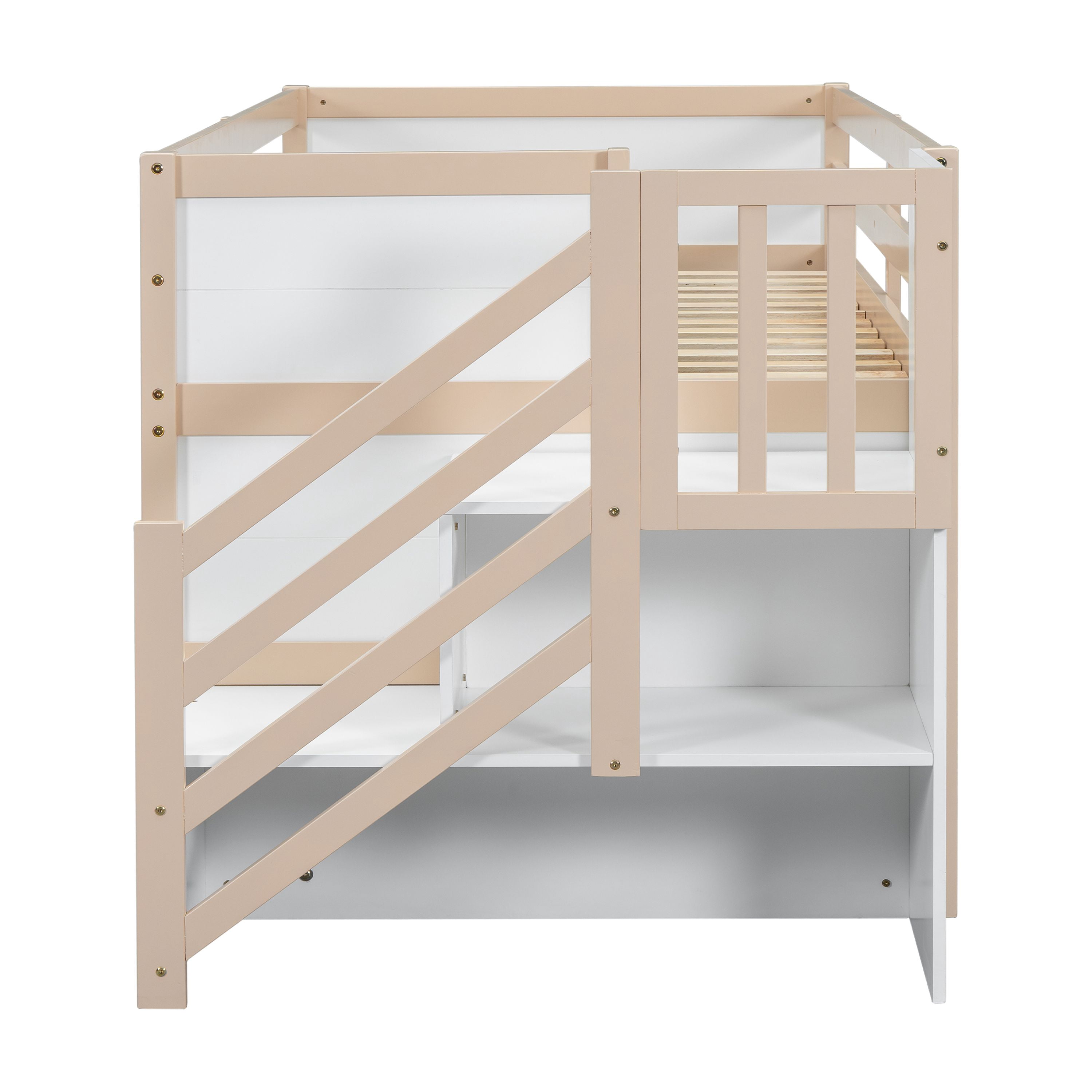 Leumius Twin Size Loft Bed with Storage Stairs and Storage Drawers,Solid Wood Bed Frame with Large Under-Bed Space,Cream White