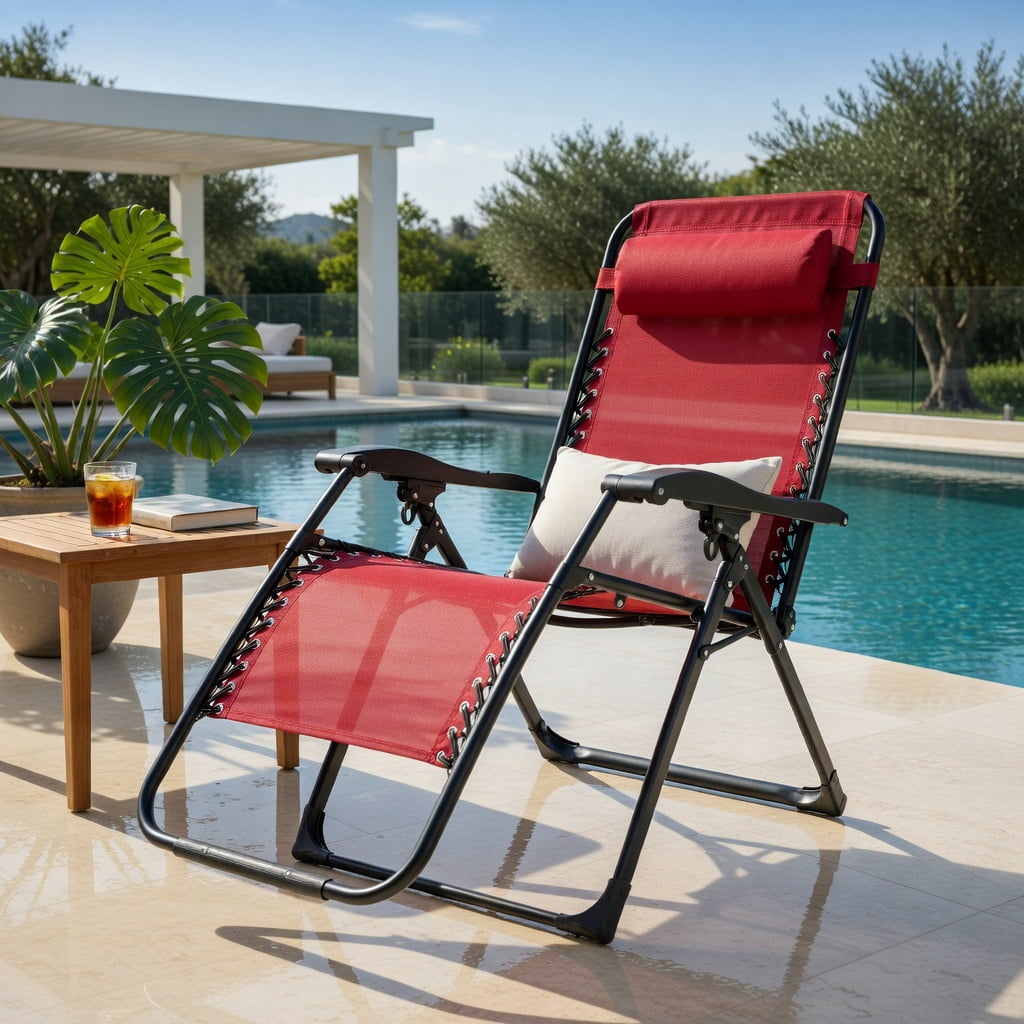 Hommoo Oversize Zero Gravity Folding Lounge Chair for Patio, Heavy Duty Breathable Waterproof Fabric, Adjustable Recliner with Cup Holder & Headrest Pillow, Dark Red