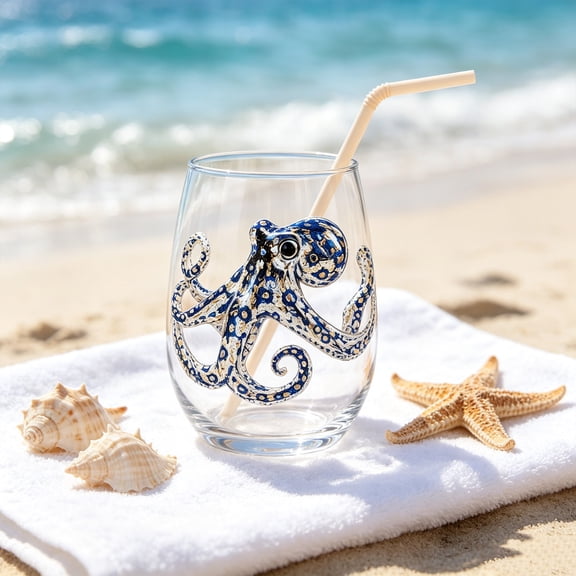 Artisanal Blue Ringed Octopus Glassware, 3D Ocean Animal Artisan Glassware Collection, 3D Octopuses Stemless Wine Glasses, Novelty Ocean Drinking Glass for Cocktails, Gift for Lovers