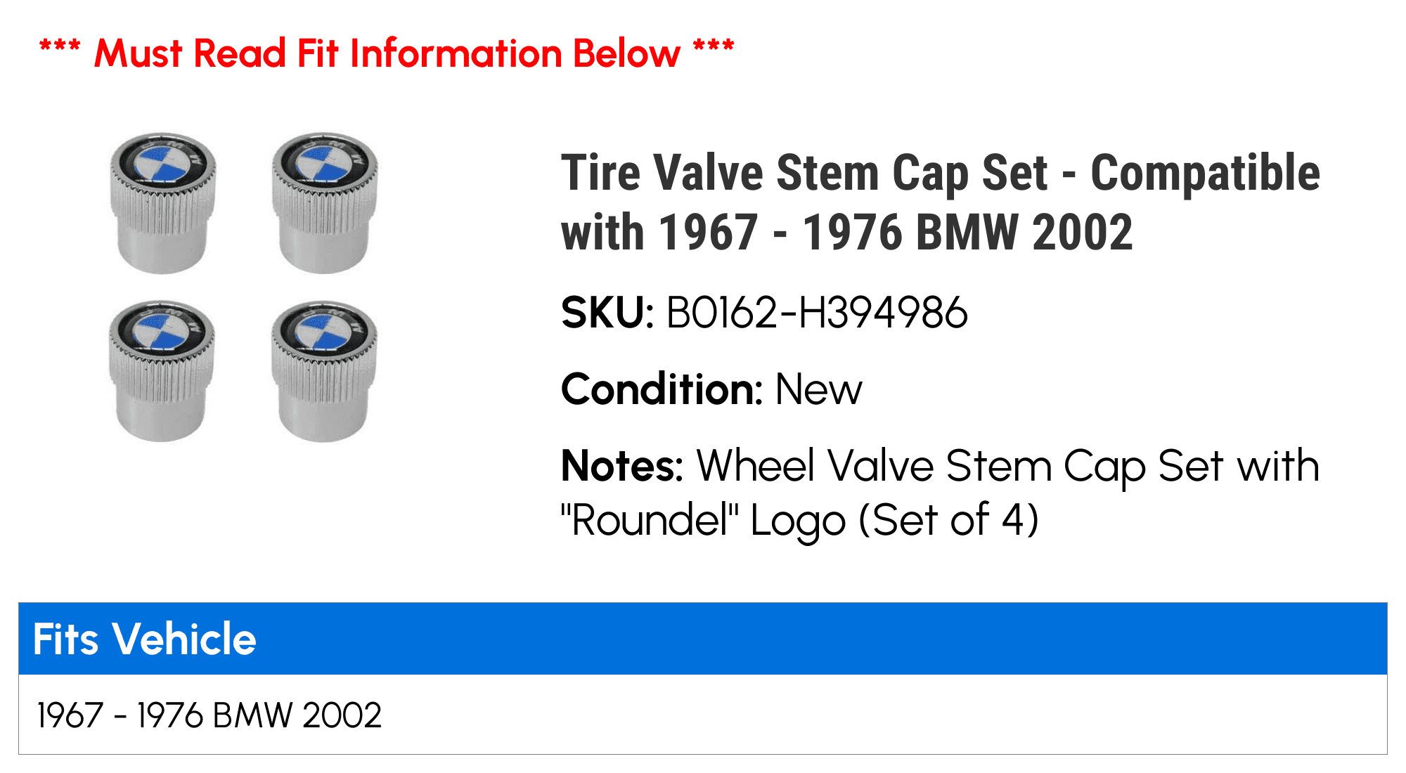 Tire Valve Stem Cap Set - Compatible with 1967 - 1976 BMW 2002 1968 1969 1970 1971 1972 1973 1974 1975