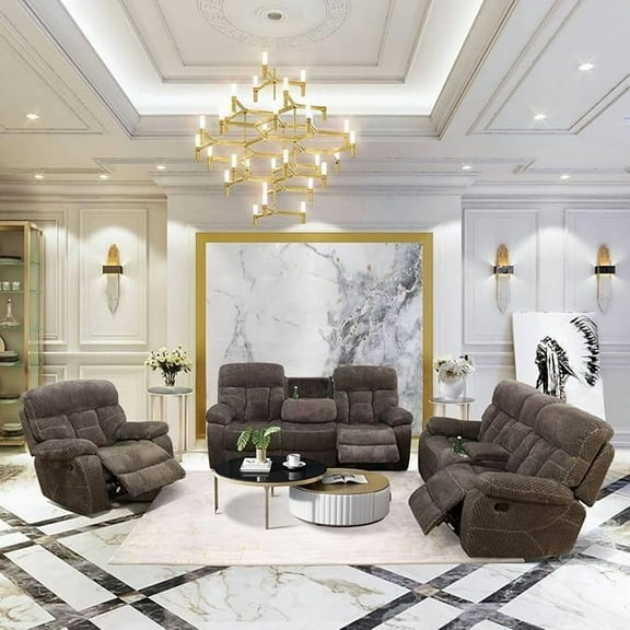 Recliner Sofa Set for Living Room,Corduroy Reclining Loveseat/Couch/Chair Set, Manual Reclining Couch Set with Storage Cup Holders for Living Room Office Home (Dark Brown, Sofa Loveseat Chair)