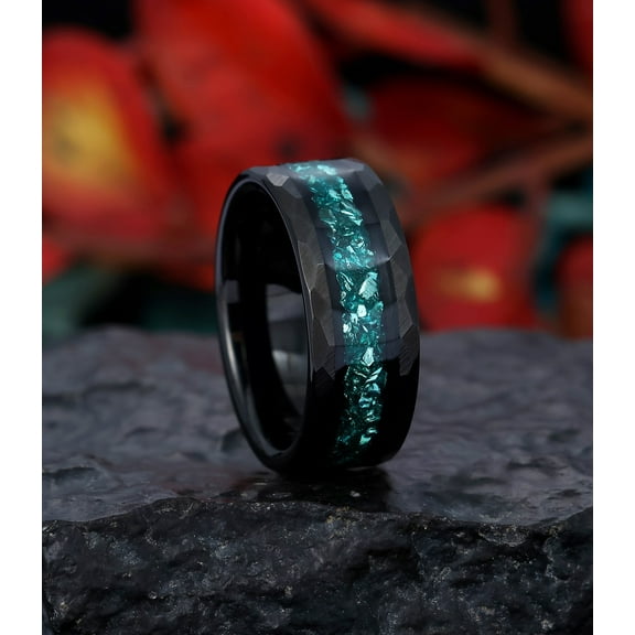 Blue Aquamarine Ring, Silver Tungsten Ring, Mens Wedding Ring, Hammered Tungsten Wedding Band for Men Anniversary Ring, Engagement Ring, Promise Ring