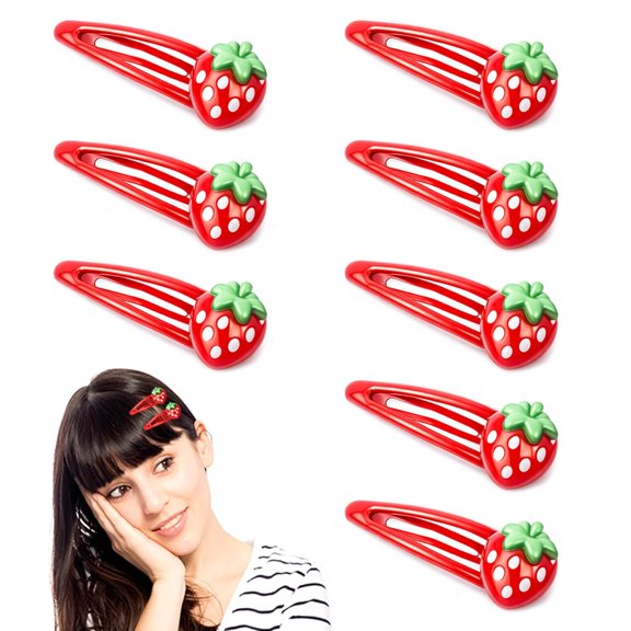 BZCOE 8Pcs Strawberry Hair Clip,Cute Strawberry Fruit Snap Barrette Red Metal Snap Hair Clips for Women Girls,Summer Theme Party Hair Accessories
