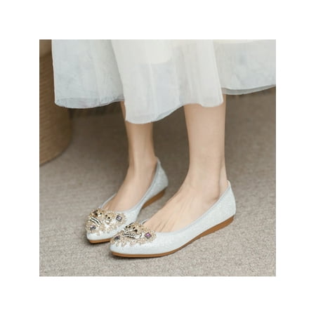 

Gomelly Ladies Rhinestones Dress Shoe Womens Anti-Slip Ballerina Ballet Flats Shoes Slip On Shoes Silver 5
