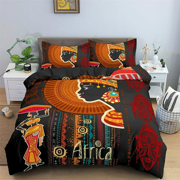 Ethnic Bedding Set Luxury African Woman Duvet Cover Microfiber Black