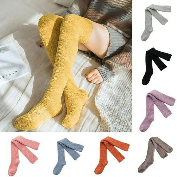 Cheers.US 1 Pair Over Knee Thigh Socks Knee-High Warm Stocking Women Boot Sock Leg Warmer High Socks for Daily Wear, Cosplay Winter Breathable High Elasticity Solid Color Thick Coral Fleece Socks