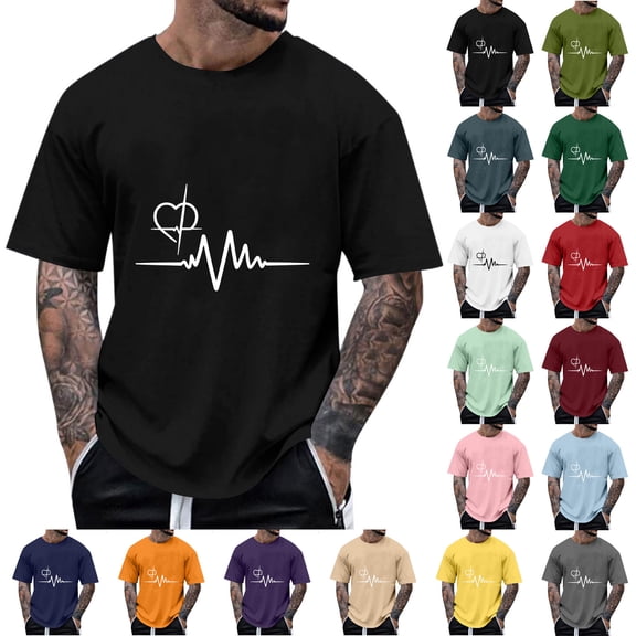 VBTAPA Valentine's Day T-shirts for Men Heartbeat Graphic Tees Short Sleeve Casual Summer Tops Black L