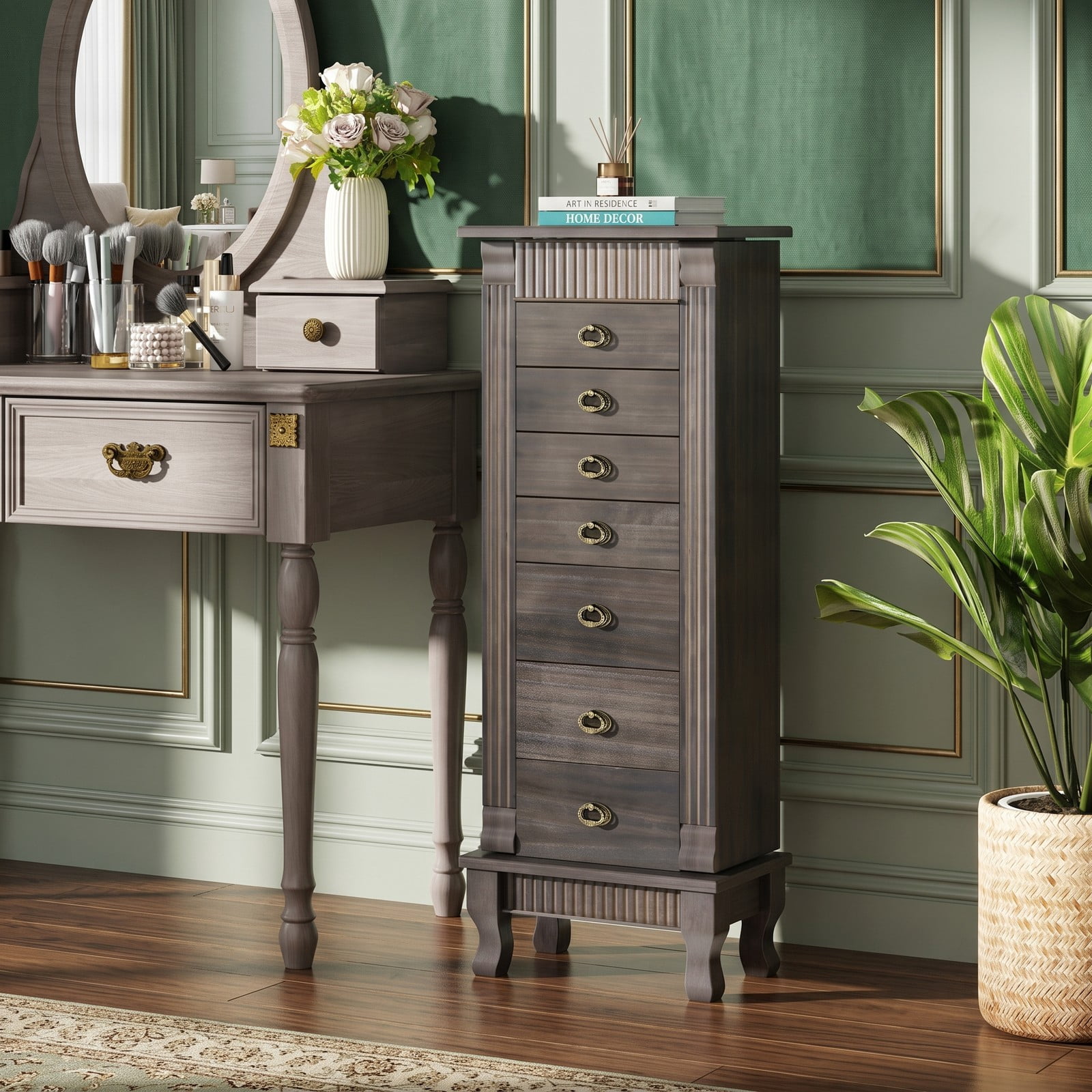 Furnibear Freestanding Wooden Jewelry Armoire Cabinet Storage Chest with 7 Drawers and Swing Doors for Space Saving Bedroom Storage, Gray