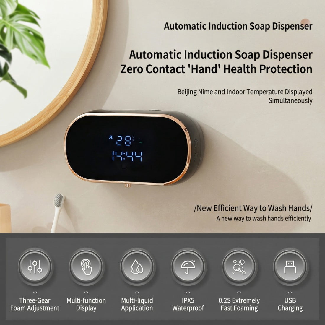 Automatic Foam Soap Dispenser, Touchless Wall Mount Soap Dispenser for Bathroom Kitchen, 11.8oz/350ML, Rechargeable, 3 Adjustable Levels, Black