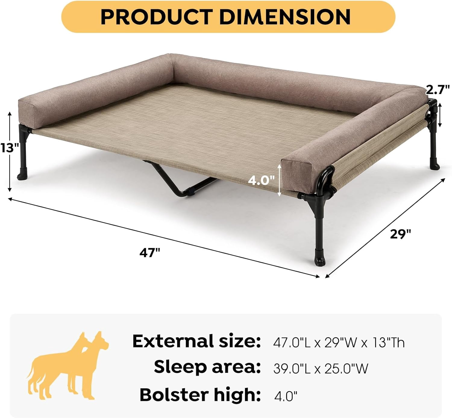 Elevated Raised Dog Bed-Cooling Outdoor Dog Cot Bed for Large Sized Dogs Three-Sided Fence Raised Pet Cot with Mesh & No-Slip Feet Dog Hammock Bed with Removable Bolster-47 x 29" Beige Coffee