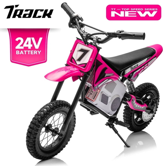 Track Seven 24V Electric Dirt Bike, 250W Ride on Motorcycle with Twist Grip Throttle, Hand-Operated Dual Brakes, Speed Up to 10 MPH, for Age 8-12, Pink