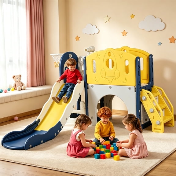 Zimeng 6 in 1 Toddler Slide, Blue Rocket Series Sturdy Kid Slide Outdoor Indoor Playset Slide Baby Climber Playset for Kids Age 1-4 Toy Playground