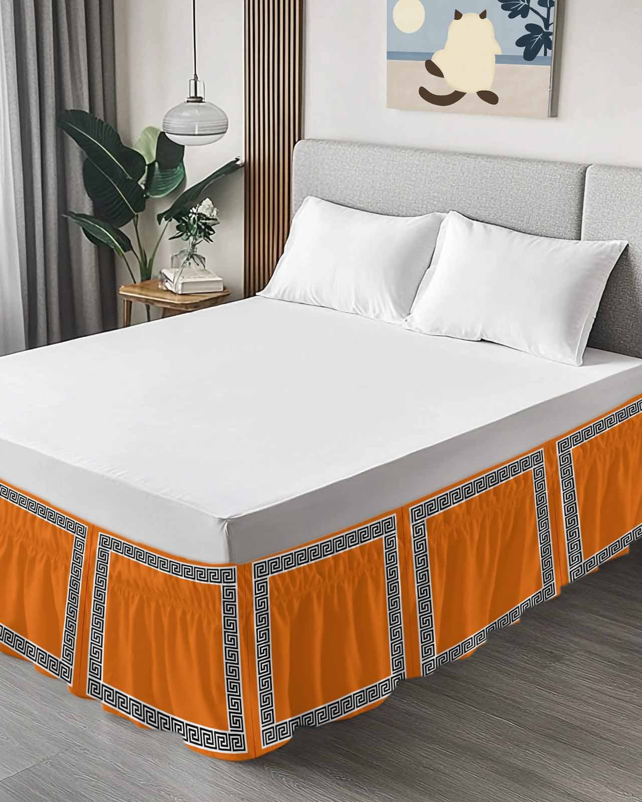 Orange Bed Skirt Greek Chinese Style Border Geometric Bed Skirts Queen Size 18 Inch Drop, Wrap Around Dust Ruffle&nbsp;Bedskirt with Adjustable Elastic Belt for Queen Size Beds