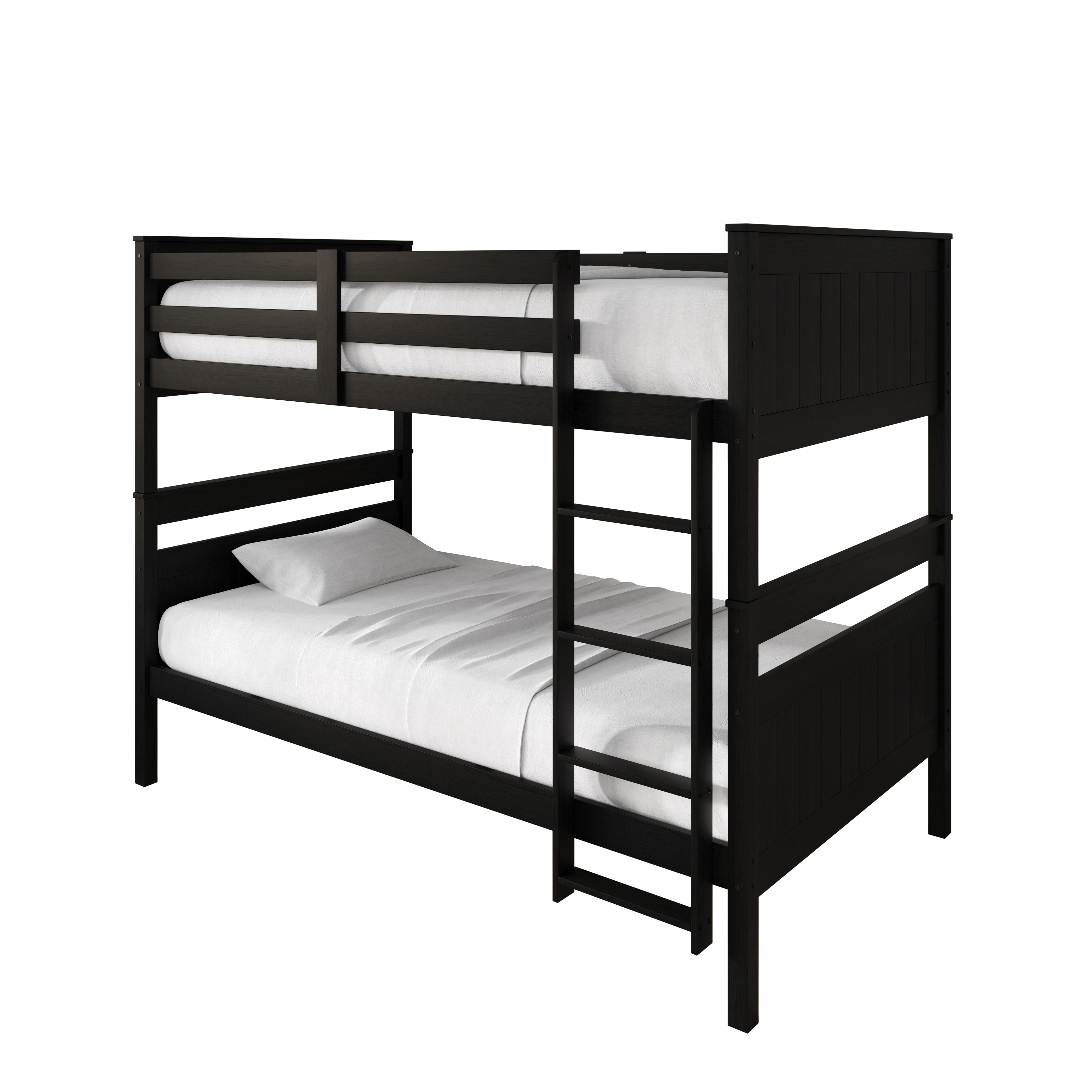 Home Design Lorain Twin over Twin Solid Wood Bunk Bed with Sturdy Guardrails and Ladder, Black, Easy Assembly
