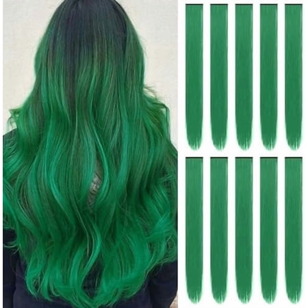 22 inch Colored Hair Extensions Color Green Party Highlights Clip in Synthetic Hair Extensions Colorful Long Straight Hairpieces for Girls Women Favor (10 PCS Dark Green)