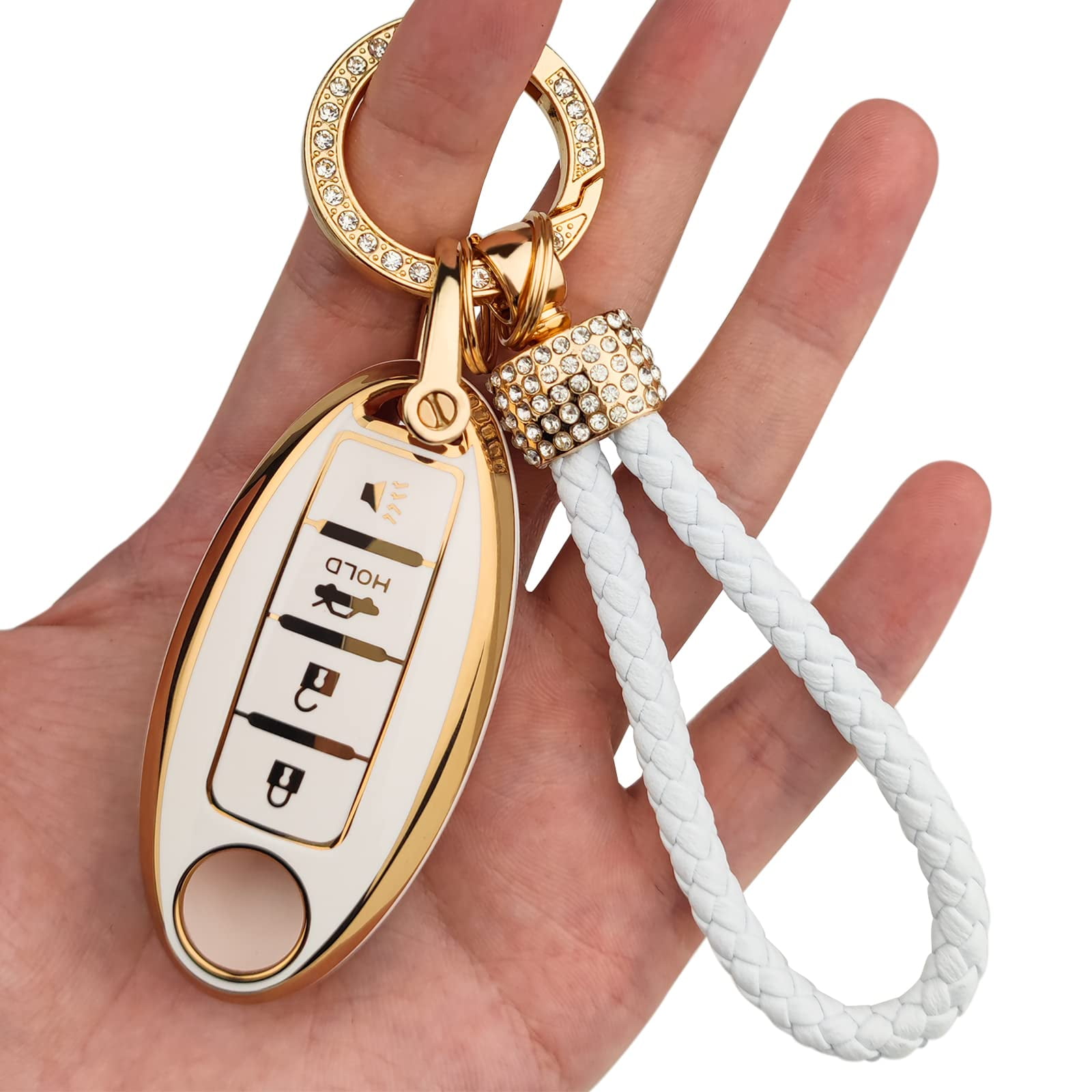 OLLEN Key Fob Cover with Bling Keychain, Soft TPU Key Case Holder for  Nissan Altima Sentra Maxima Murano Rogue Armada Pathfinder, Infiniti JX35  Q50 Q60 QX56 QX60 QX80, etc, Buttons, White