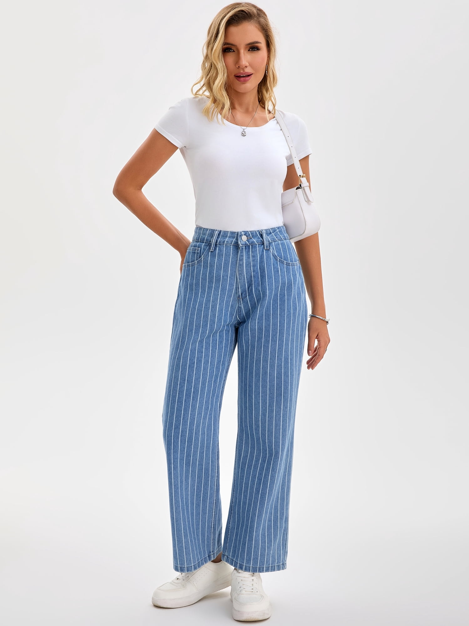 DARING DIVA Women's Striped High Rise Zipper Straight Leg Denim Pants S Blue