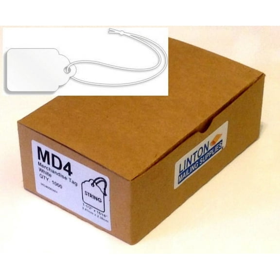 #4 Merchandise Tag (1.5" x .9375/1-1/2" x 15/16"), White 12-Pt. Cardstock, Scalloped Top w Hole, 4" Knotted String Attached - Box of 1,000 Tags