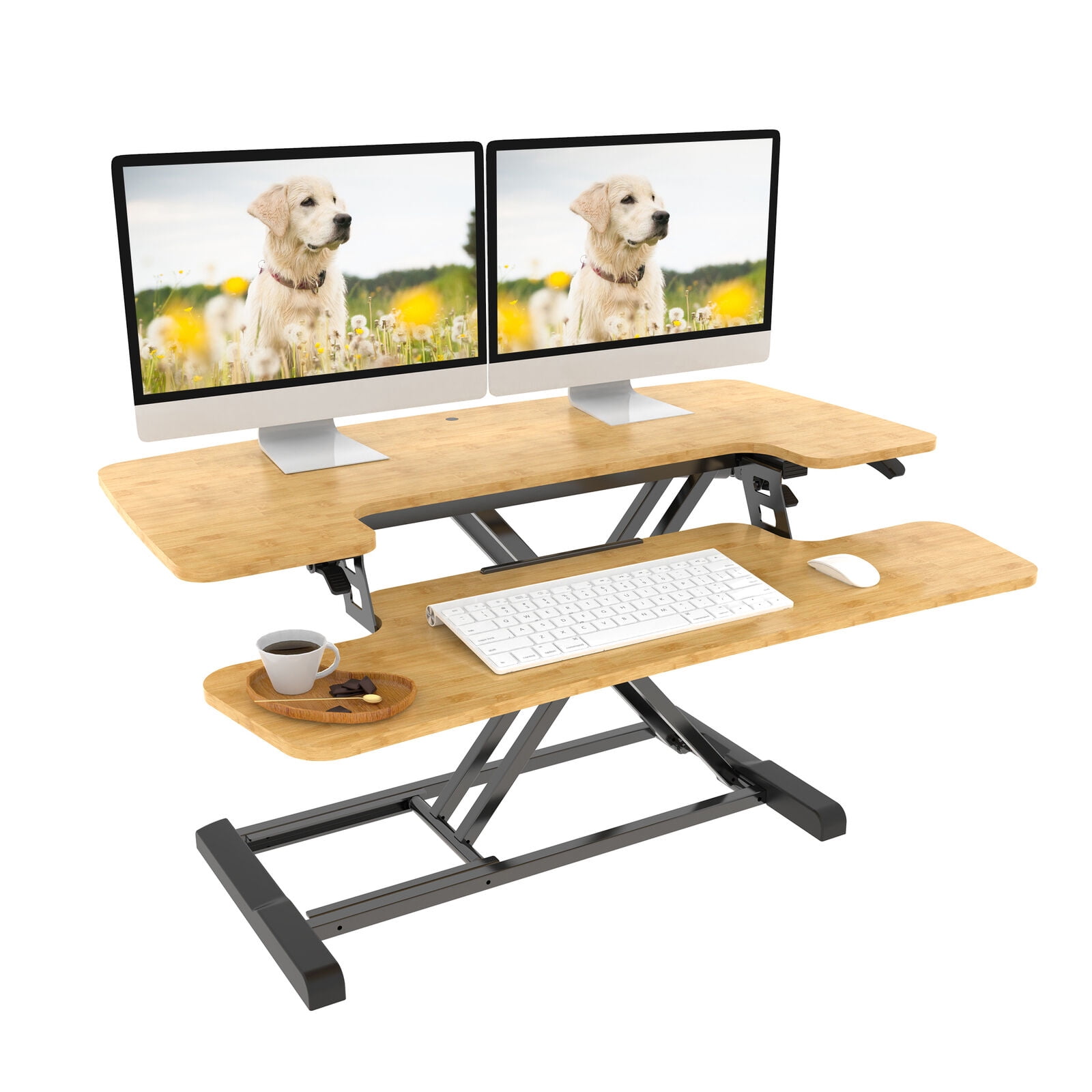 MarketLane  35" Large Height Adjustable Standing Desk Converter - Quick Sit Stand Up Triple Monitor Riser - Gas Spring Computer Workstation - Retractable Keyboard Tray - Teak Wood Grain,Bamboo