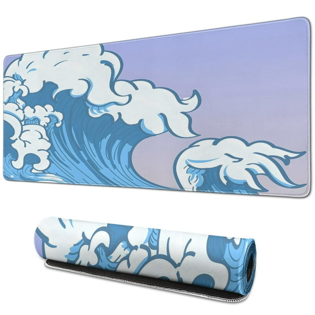 "Extended Large Gaming Mouse Pad XL, Non-Slip, Stitched Edges - Japanese Blue Wave Design, 31.5 x 11.8 Inch"