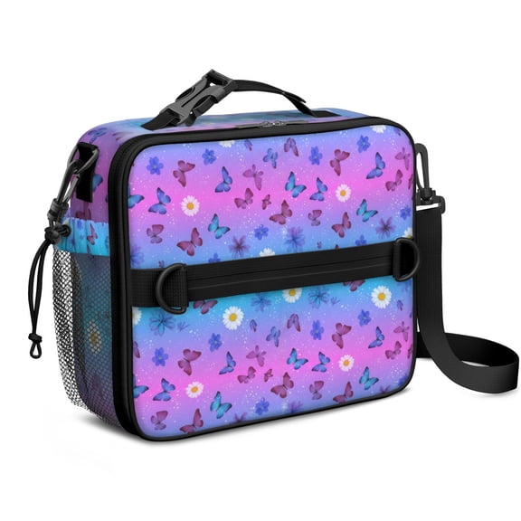 Butterfly and Daisy Purple Pattern Insulated Lunch Bag with Shoulder Strap and Bottle Holder,Bento School Lunch Bag Box,11x9.5x3.5 Inches