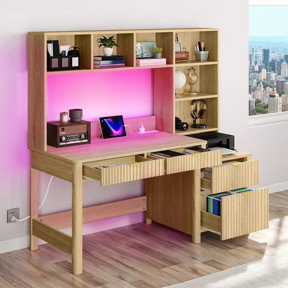 Uforic 55" Computer Desk with LED Light & Hutch,  Home Office Desk Executive Desk with Drawers, Oak