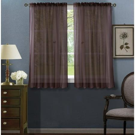 Sheer Brown Curtains 2pc Brown Solid Sheer Voile Window Curtain Set, Two (2) Rod Pocket Panels 55