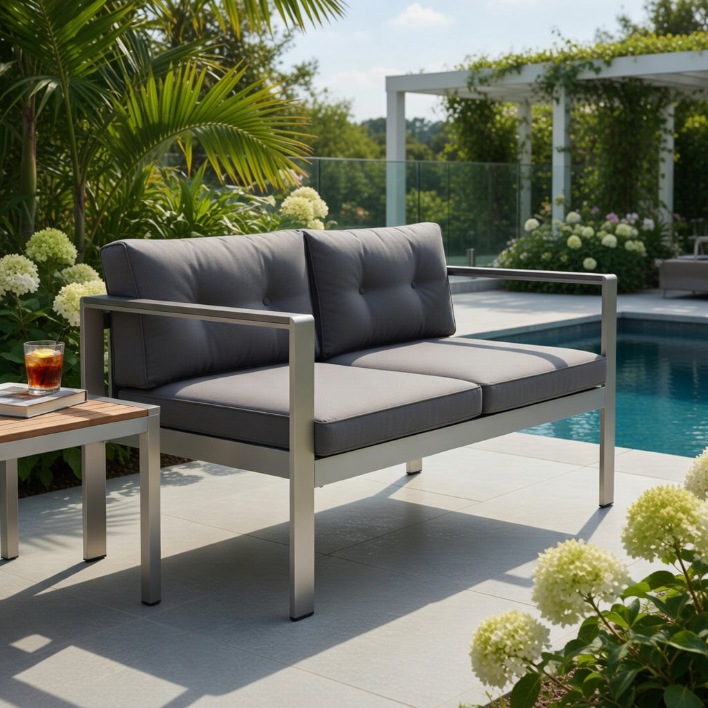 Hommoo Modern 2-Person Aluminum Outdoor Sofa Chair with WPC Armrests, Cushions & Silver Frame, All-Weather Balcony, Patio, Backyard Seating, Gray