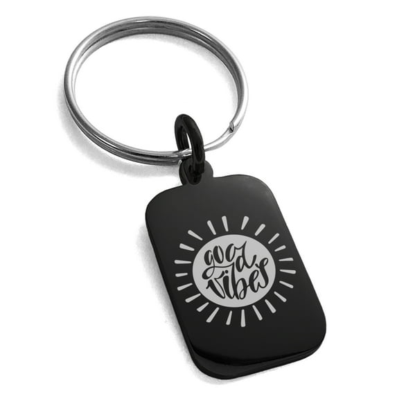 Stainless Steel Good Vibes Sun Engraved Small Rectangle Dog Tag Charm Keychain Keyring