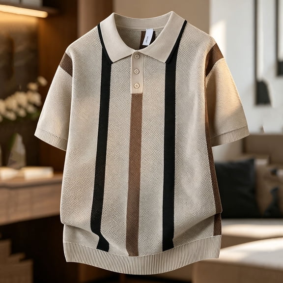 Ceisia Men's Striped Knit Polo Shirt Short Sleeve Button Collar Textured Fabric for Casual and Smart Wear Khaki XL Gifts for Father