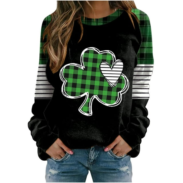 Besolor Chandail en Molleton pour Femmes St Patricks Day 2025 Col Rond Manches Longues Grande Taille Tops Pull Graphique Trèfle Blouse