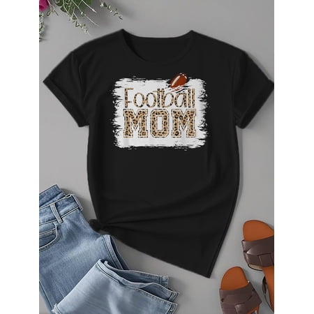 Retro Leopard Print Football Mom Graphic T-Shirt Women's Game Day Sports Fan Casual Short Sleeve Tee
