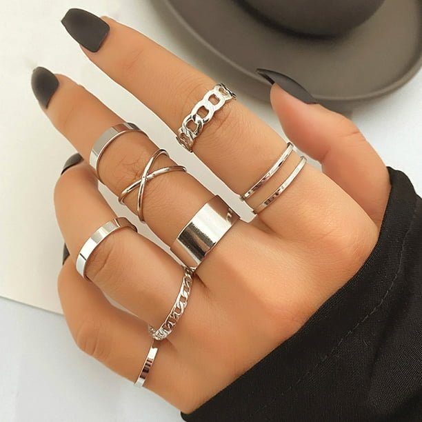 FNIO Punk Simple Color plata geometrico ahueca hacia fuera el conjunto de anillos anchos de las mujeres anillos de dedo articulados Vintage joyeria Tan Jianjun unisex Walmart en linea