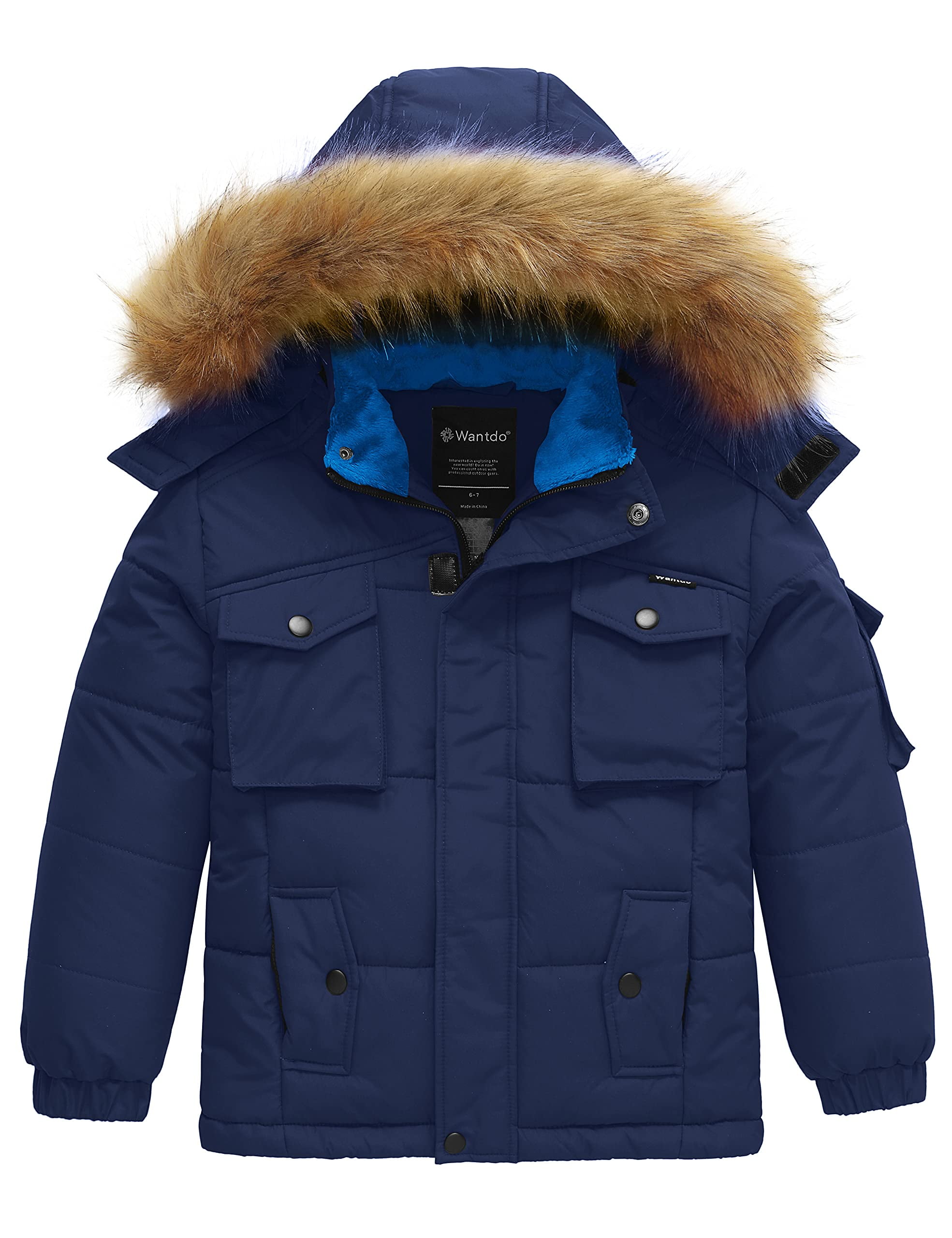 Wantdo Boys Winter Coat Thick Padded Puffer Jacket with Removable Fur Hood 