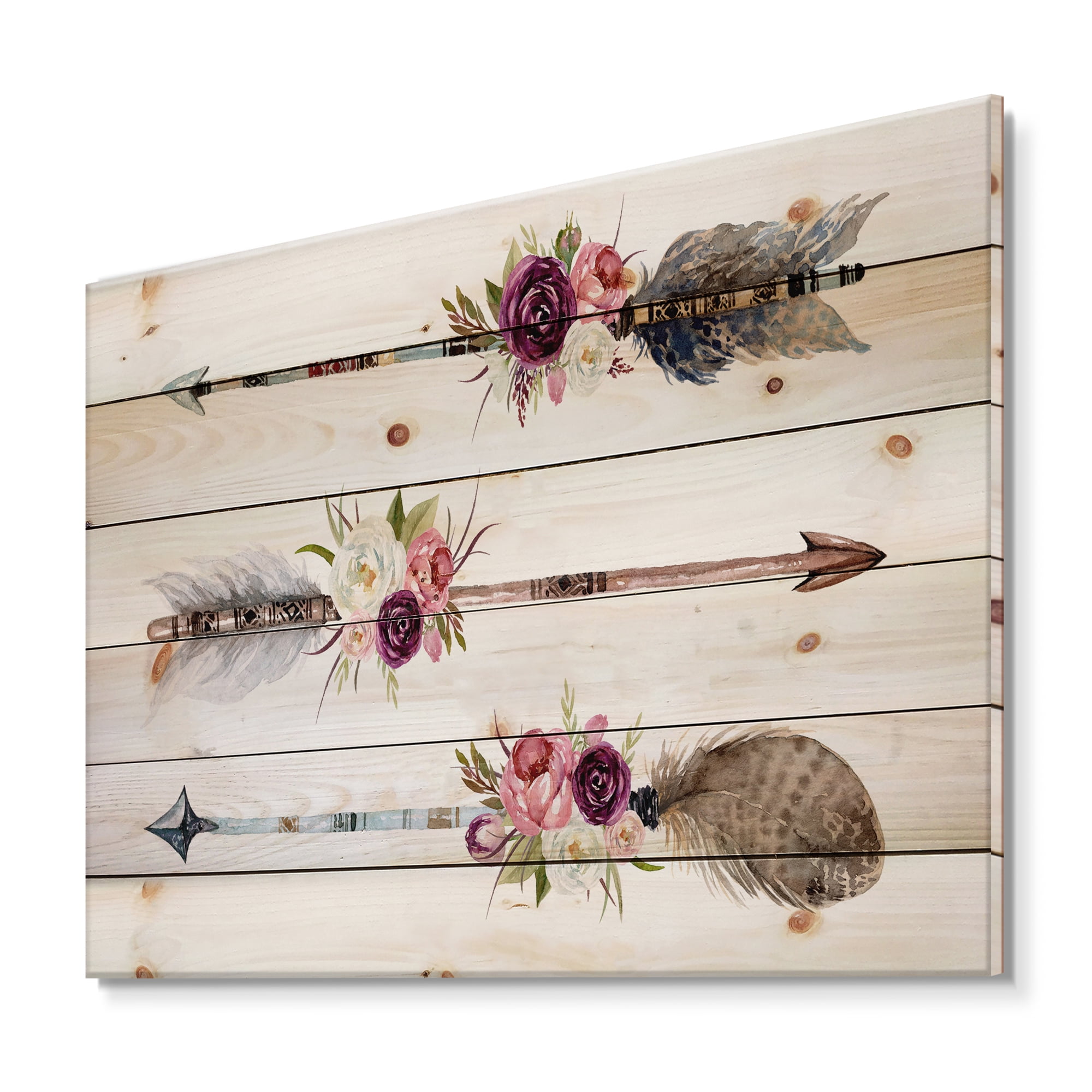 Designart 'Flowers and Ethnic Feathers On Native Arrows III' Bohemian & Eclectic Print on Natural Pine Wood