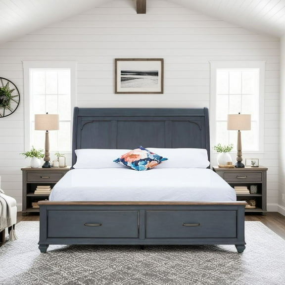 Bed Frame Queen Size Sleigh Bed, Corduroy Blue Finish