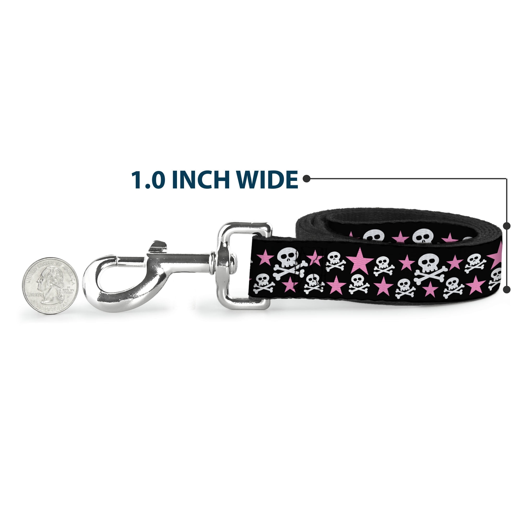 Buckle-Down Pet Leash, Dog Leash, Skulls Stars Black White Pink, 6 Feet Long 1.0 Inch Wide